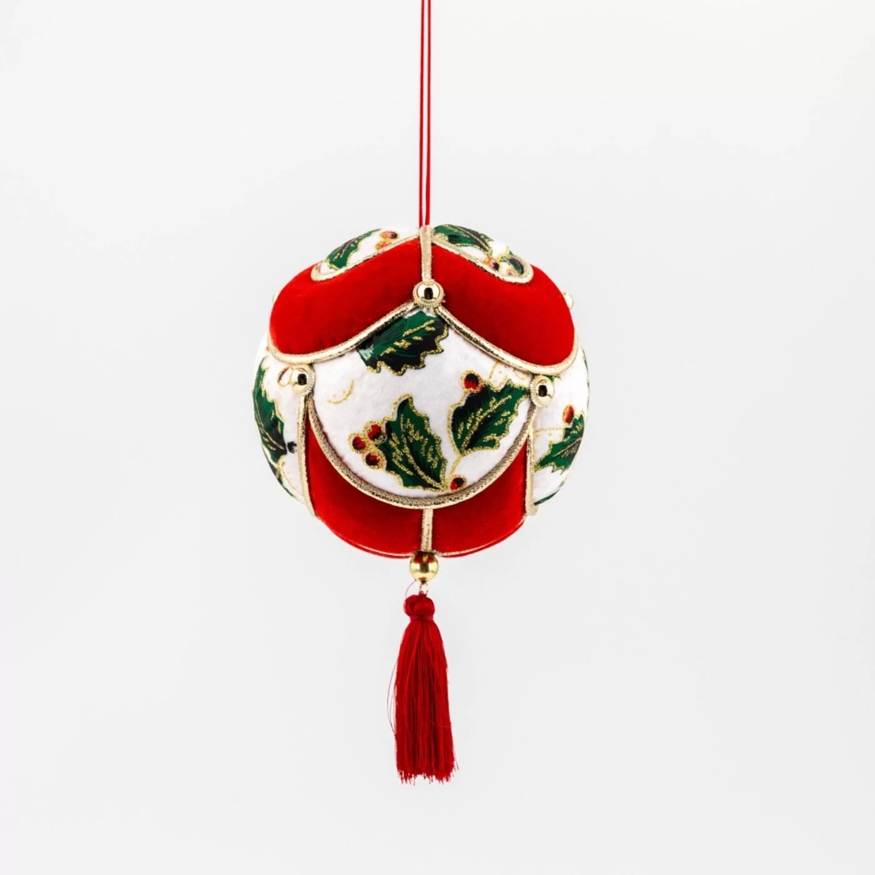 * Hanging Christmas Ornaments | Red Green Christmas Holly Bauble With Red Tassle - 13Cm