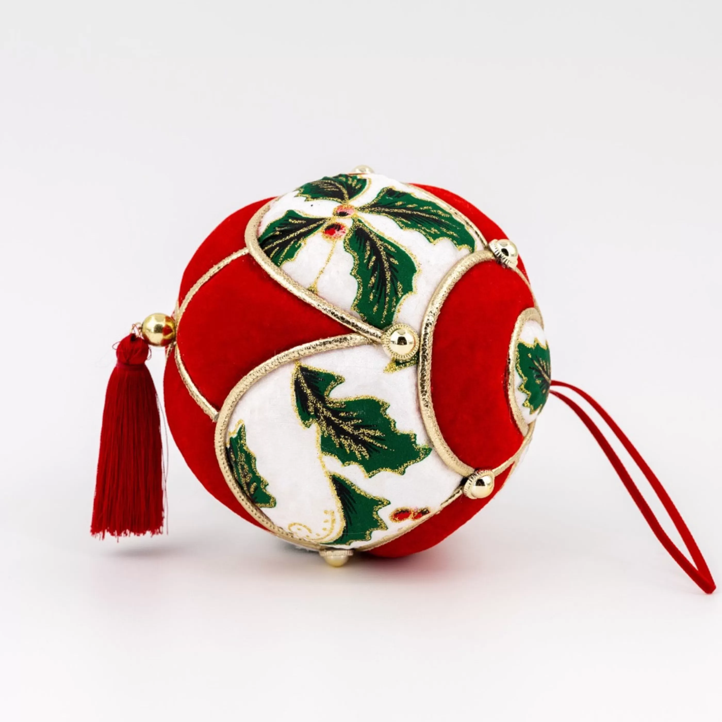 * Hanging Christmas Ornaments | Red Green Christmas Holly Bauble With Red Tassle - 13Cm