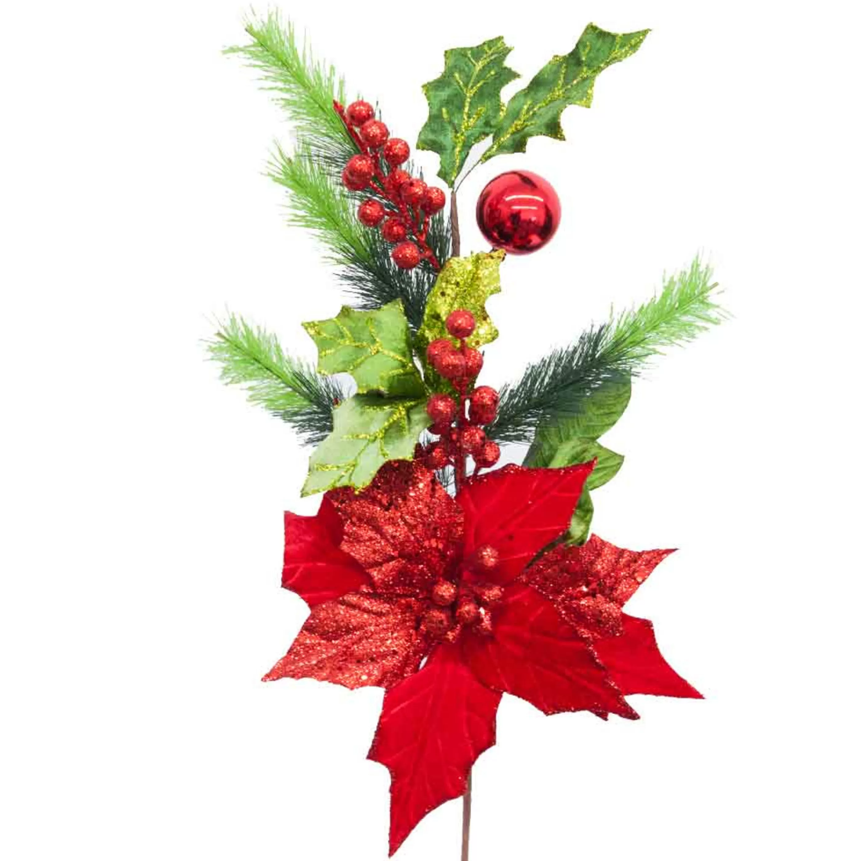 * Festive Sprays | Red Green Holly Poinsettia Spray - 50Cm