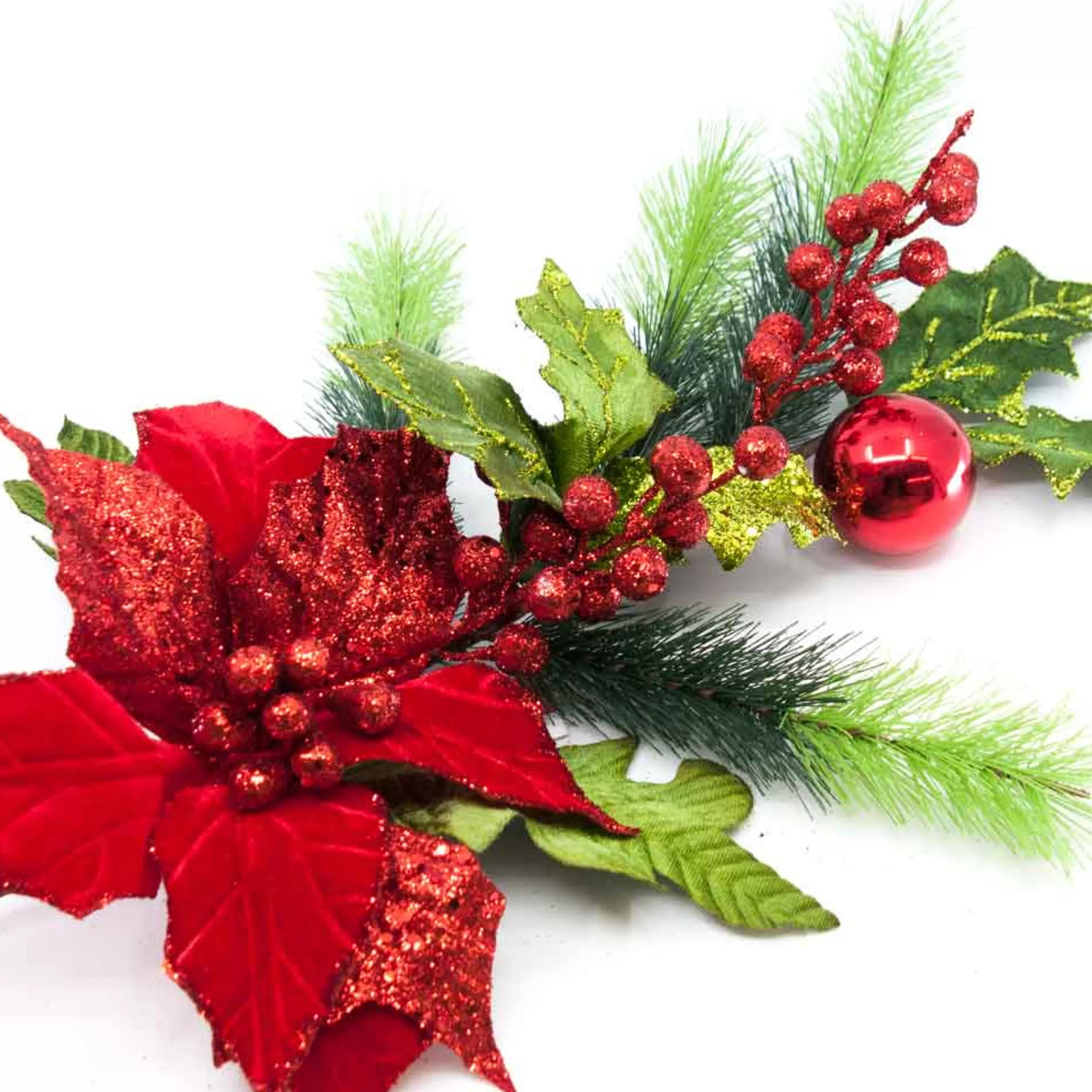 * Festive Sprays | Red Green Holly Poinsettia Spray - 50Cm