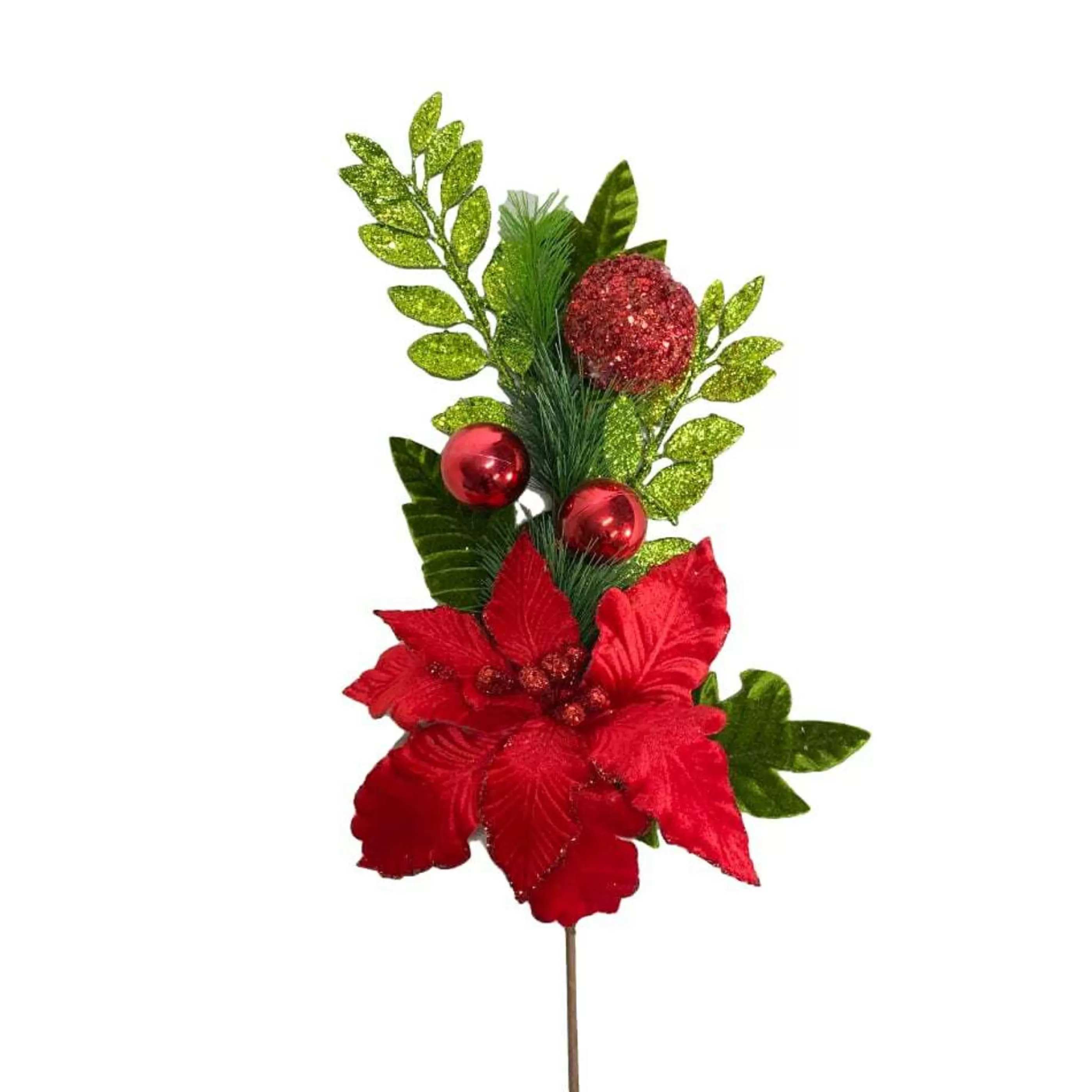 * Floristry | Red Poinsettia Spray With Baubles And Green Pine - 70Cm