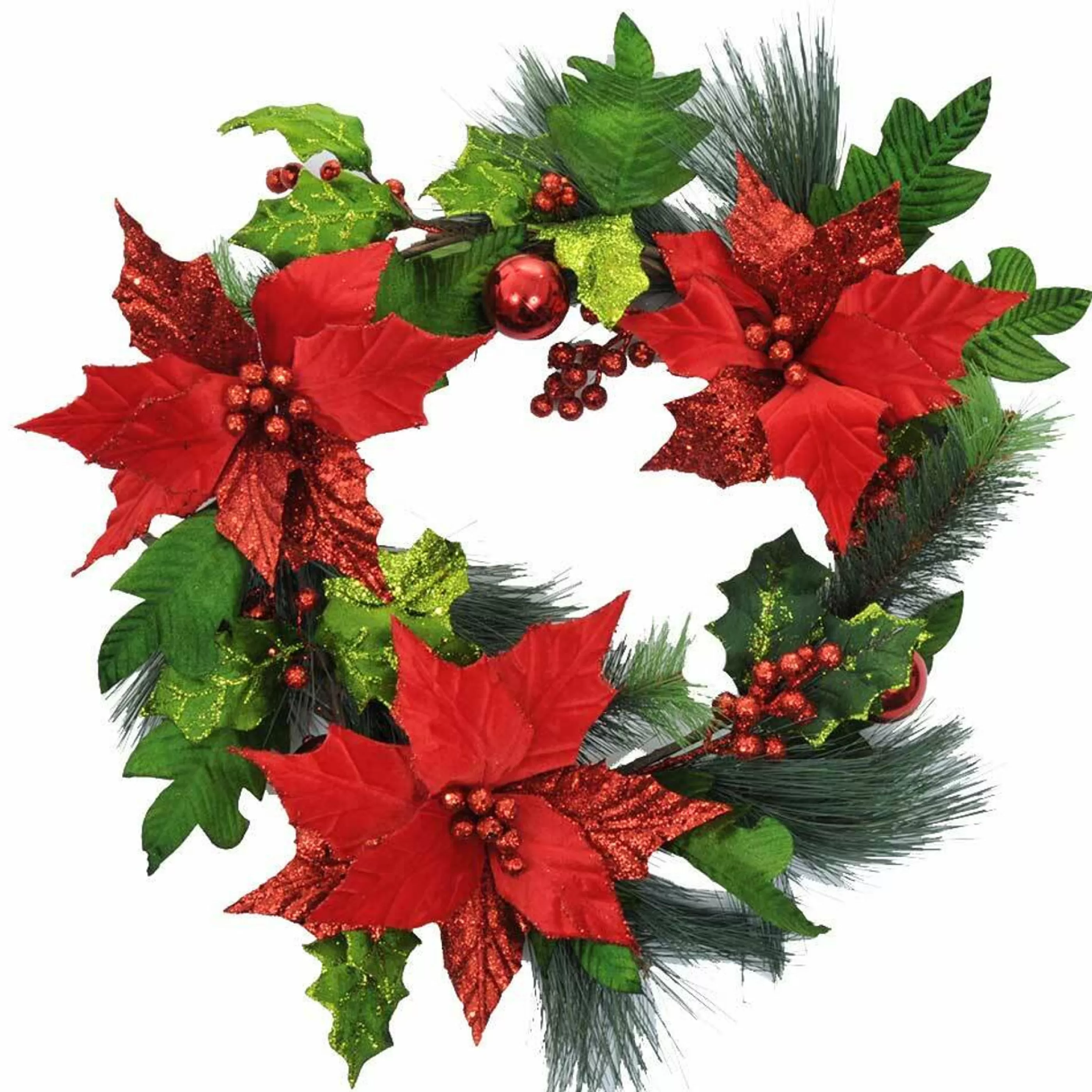 * Poinsettia Decorations | Red Poinsettia With Holly Christmas Wreath - 50Cm