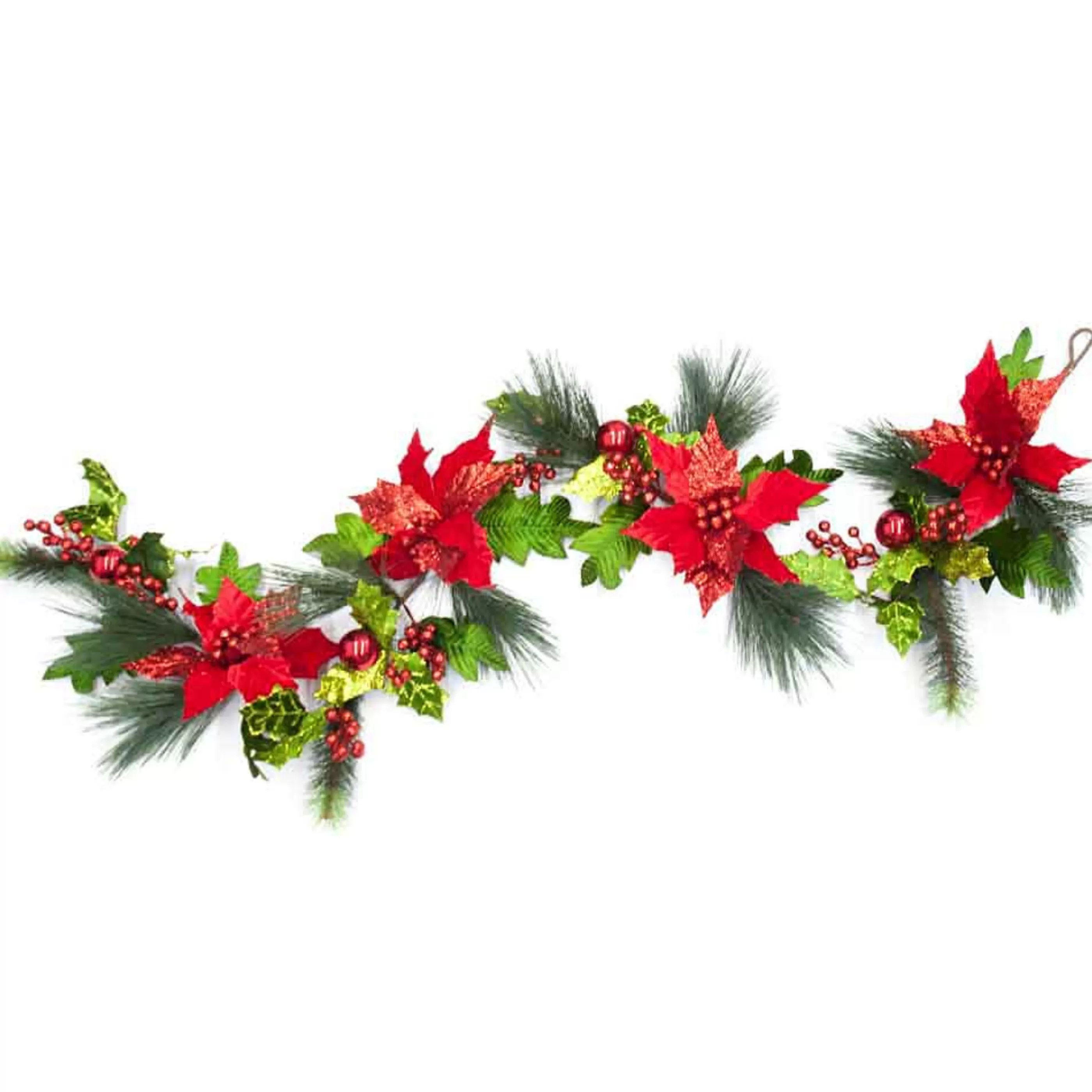 * Garlands | Red Poinsettia With Holly Garland - 180Cm