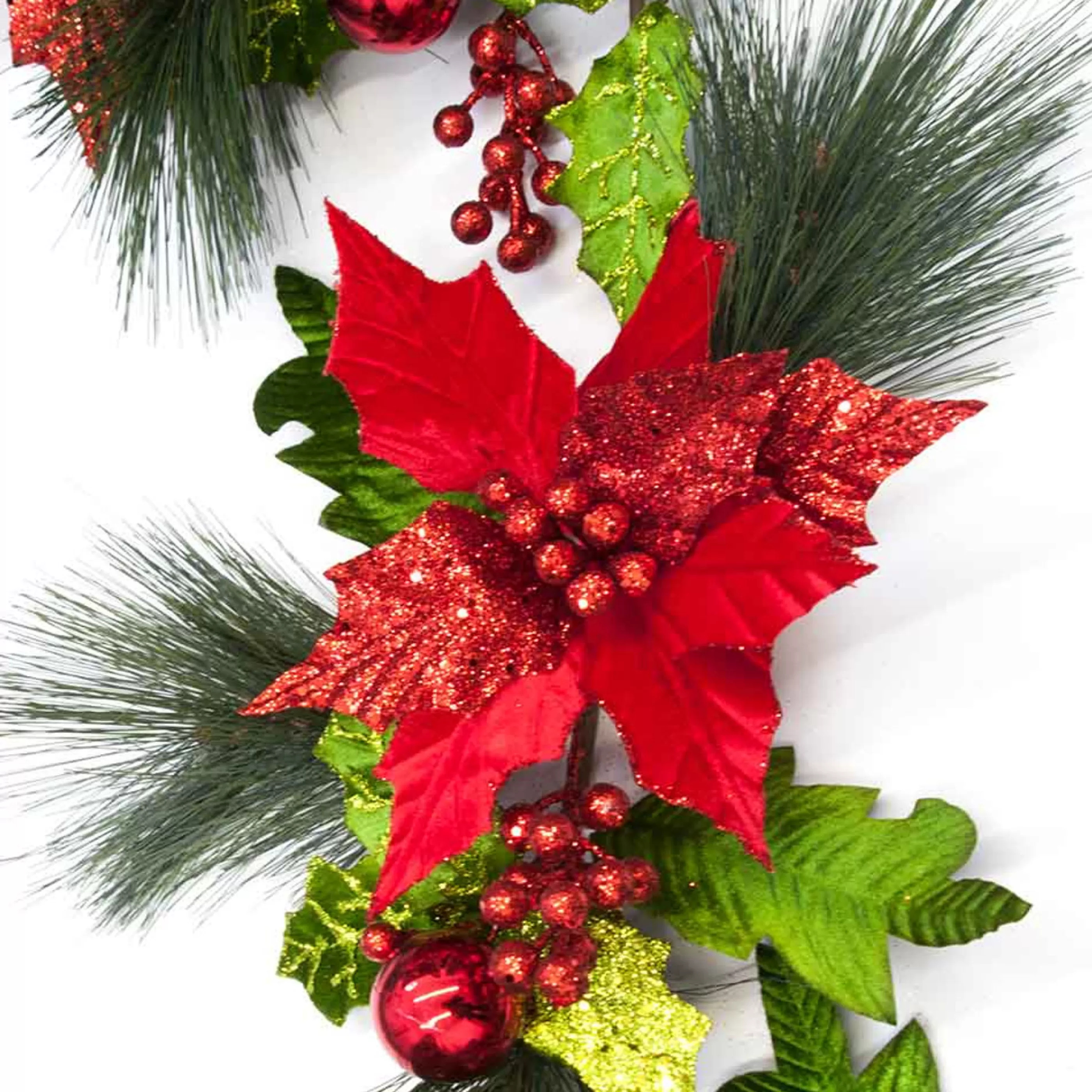 * Garlands | Red Poinsettia With Holly Garland - 180Cm