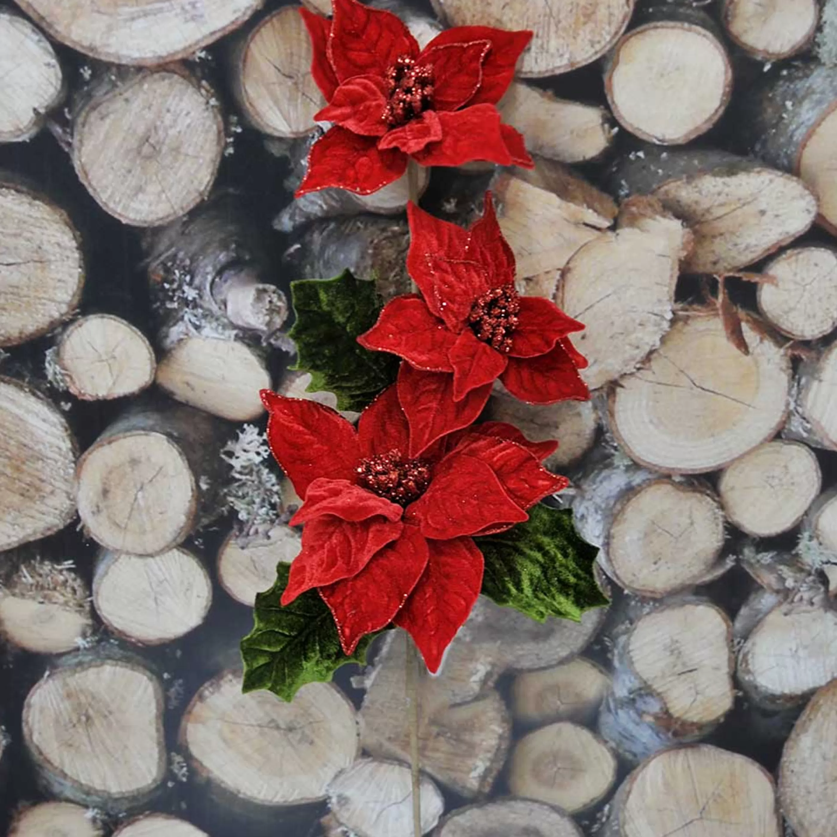 * Poinsettia Decorations | Red Velvet Poinsettia Flowers On Stem - 50Cm