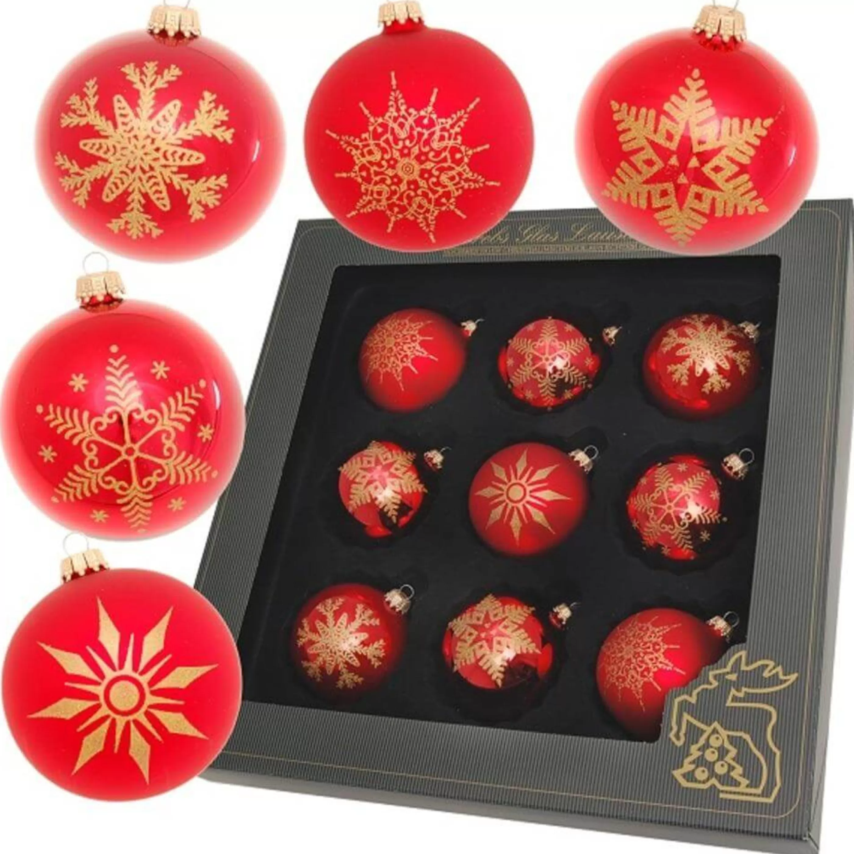 * Glass Ornaments | Red Velvet Snowflake Glass Baubles (Set Of 9) - 8Cm