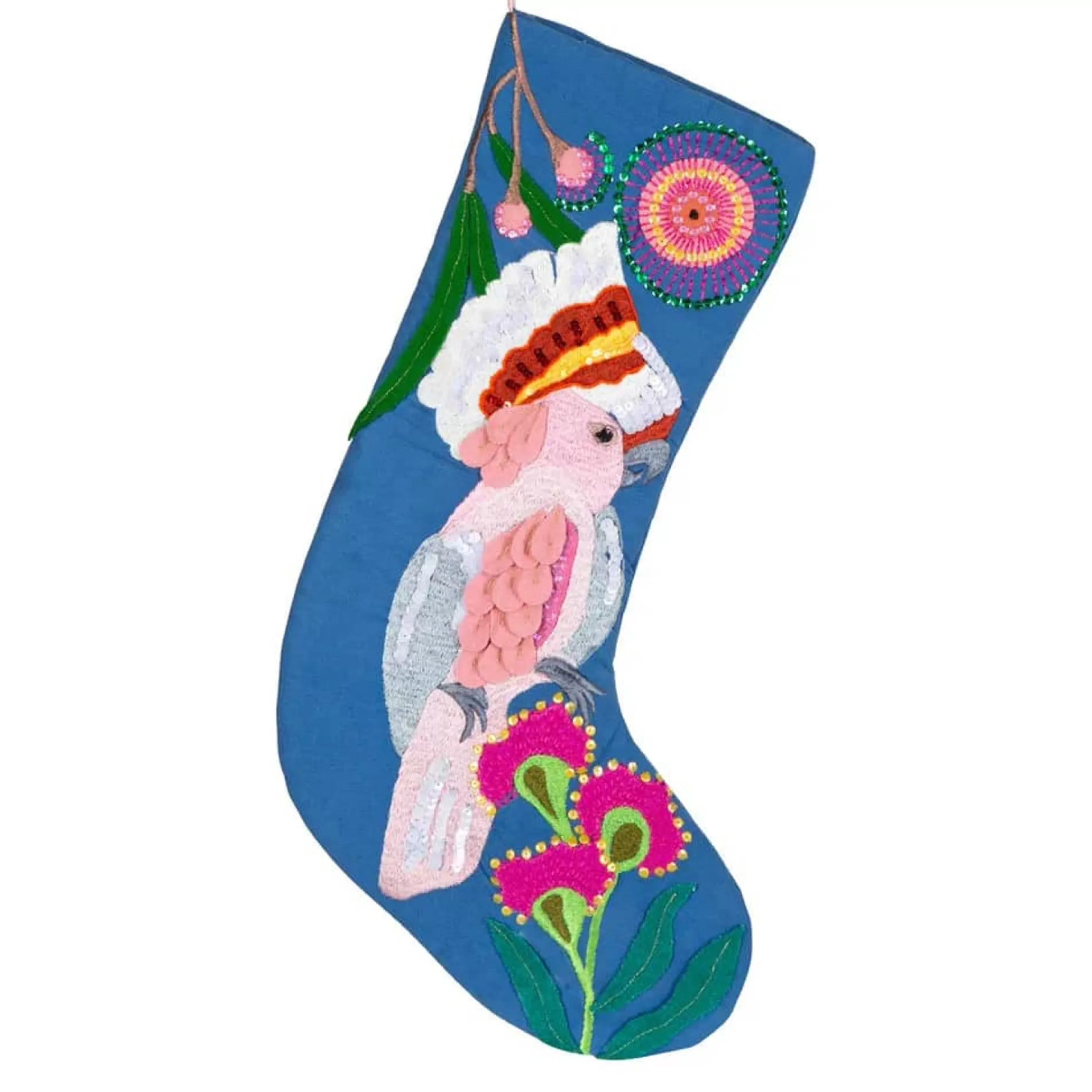 * Australian Decorations | Royal Blue Cockatoo Applique Christmas Stocking - 48Cm