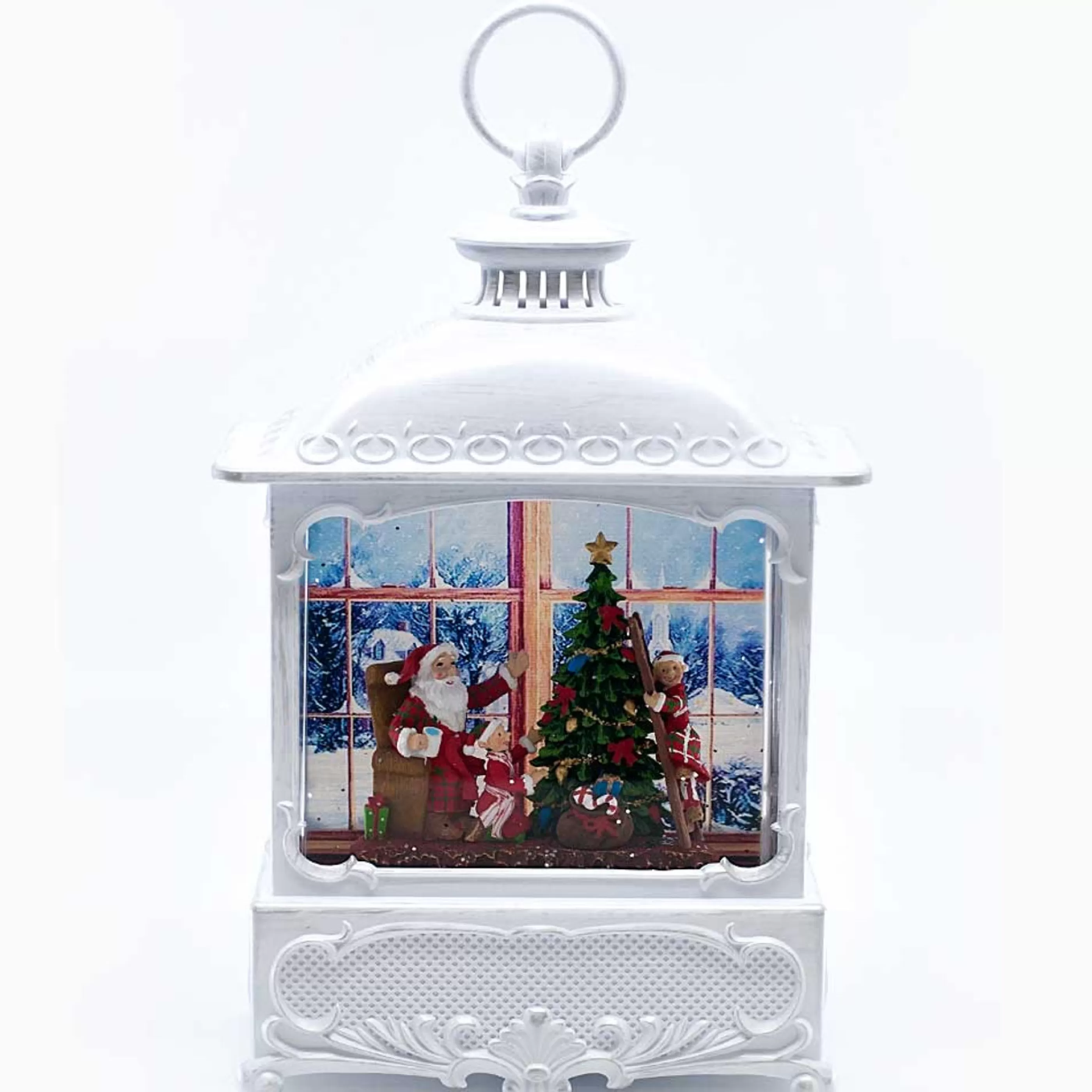 * Table Top Decorations | Santa With Christmas Tree In White Water Lantern - 31Cm