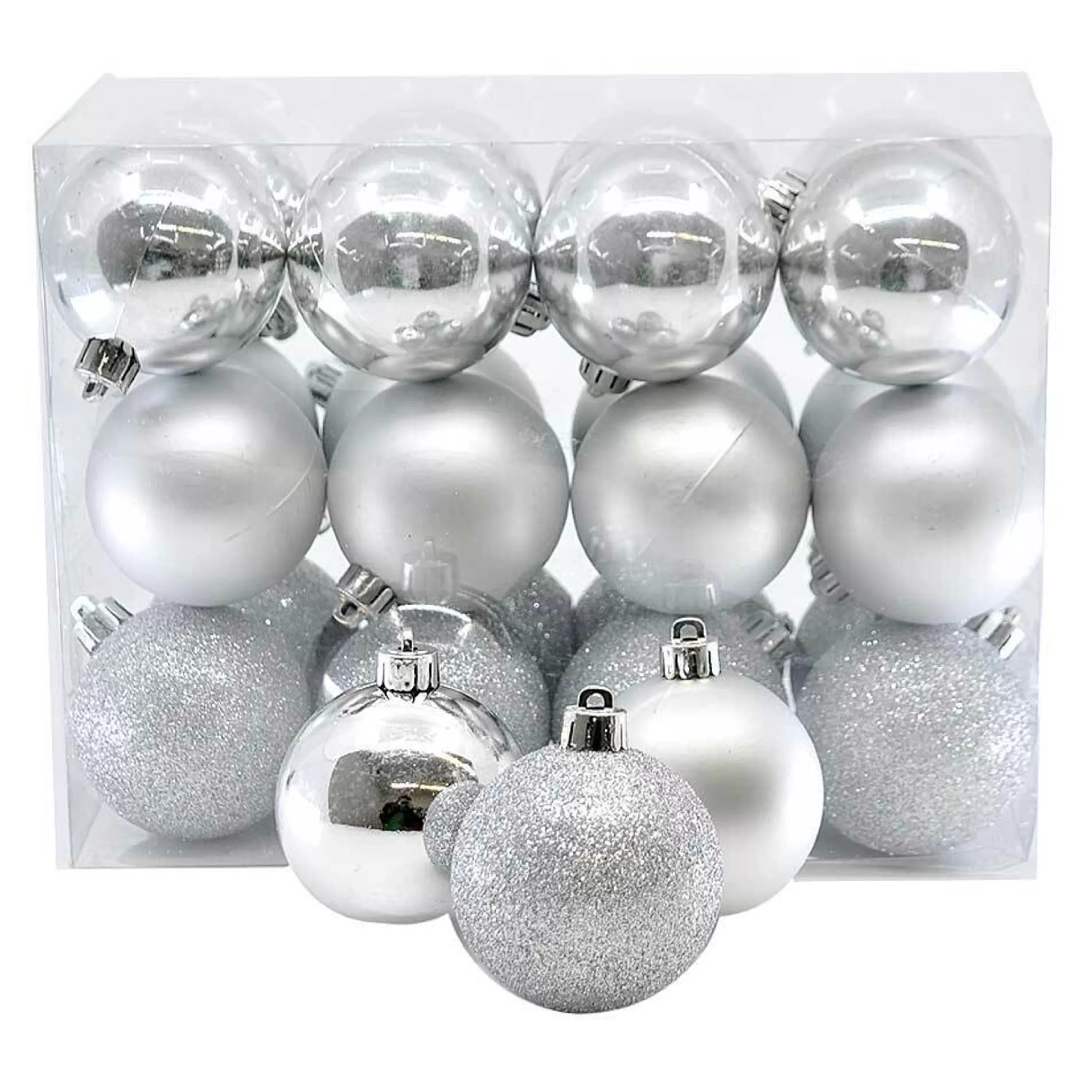 * Hanging Christmas Baubles | Shiny, Matte & Glitter Silver Baubles (Pack Of 24) - 60Mm