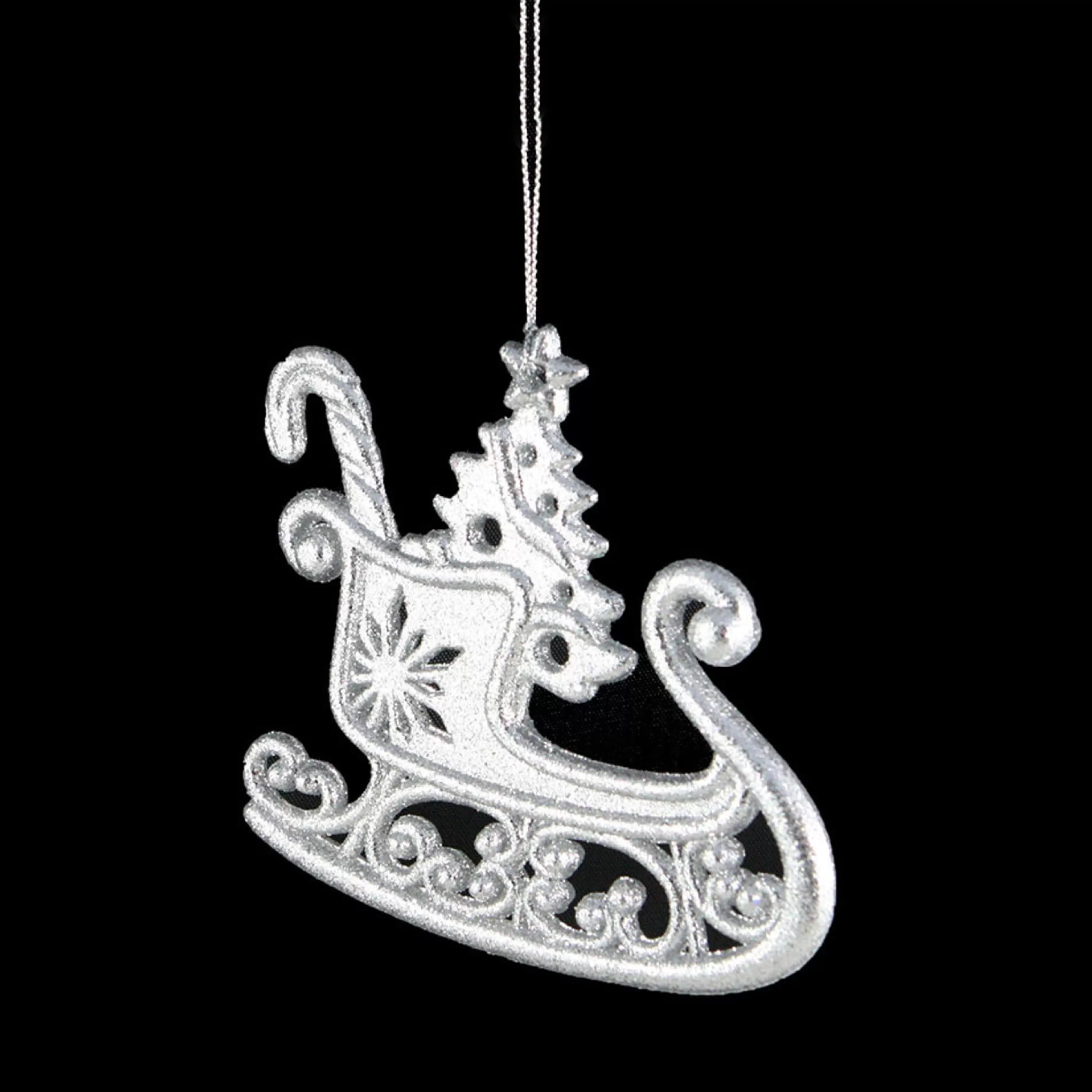 * Hanging Christmas Ornaments | Silver Glittered Sleigh Christmas Ornament - 12Cm