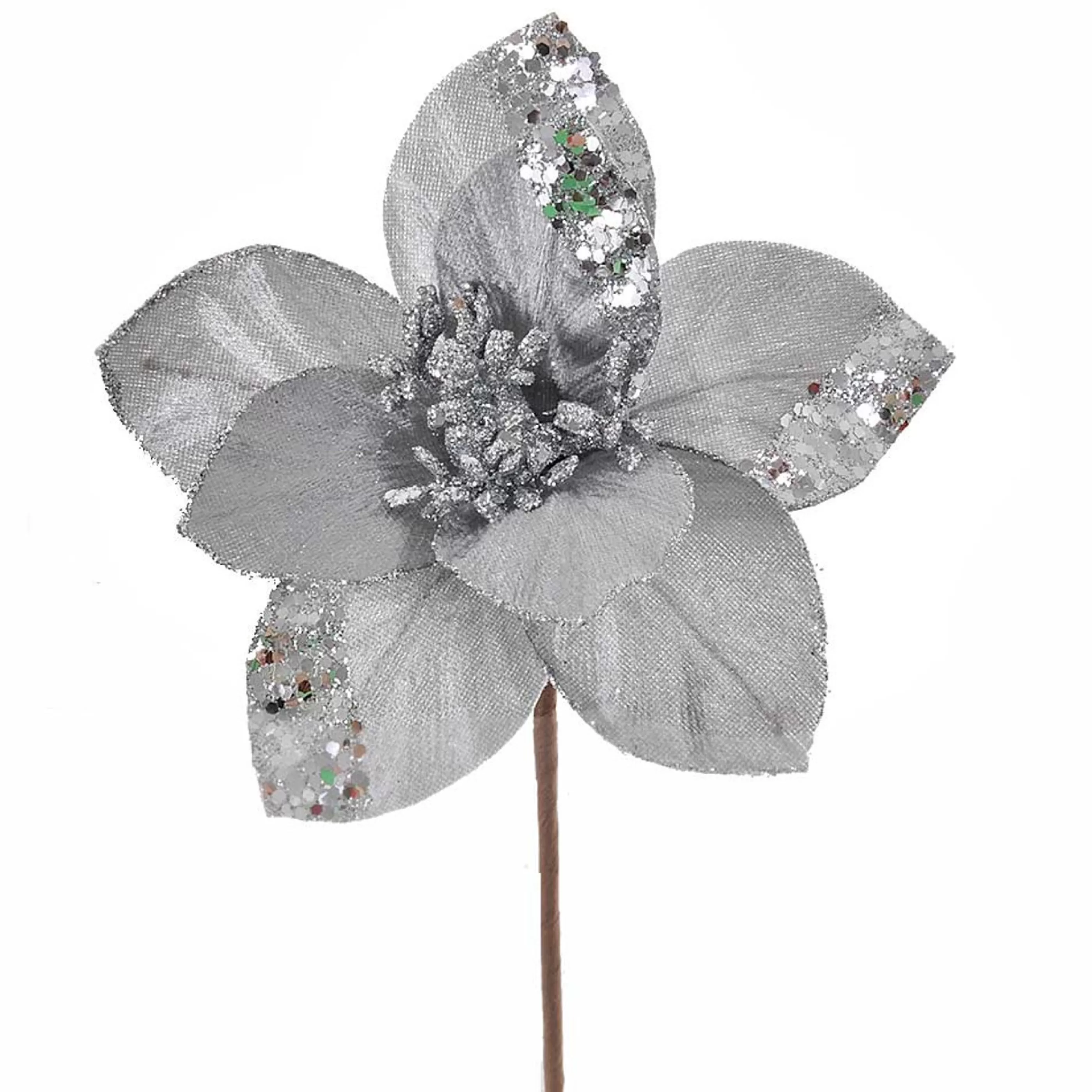 * Floristry | Silver Poinsettia On Clip - 18Cm