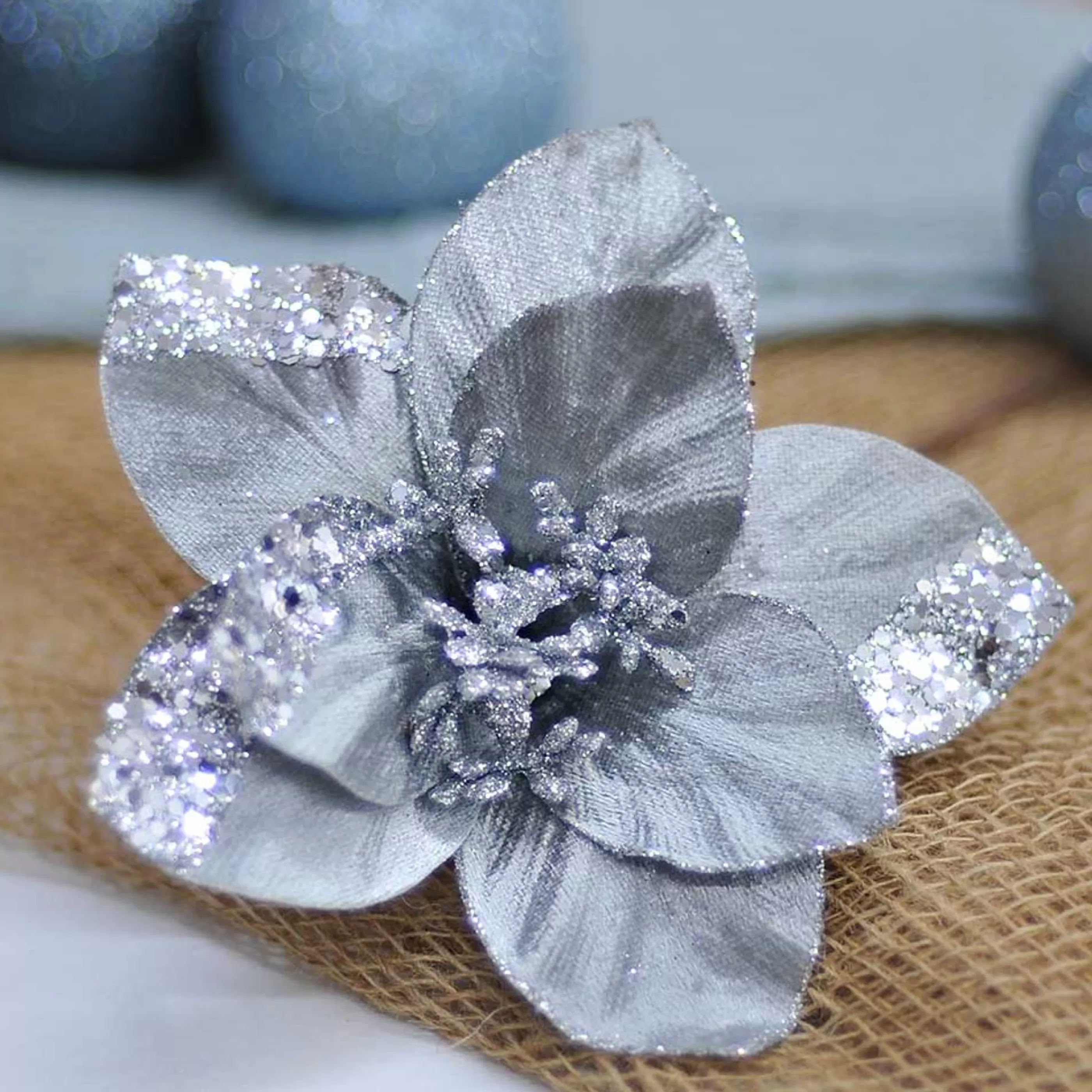 * Floristry | Silver Poinsettia On Clip - 18Cm