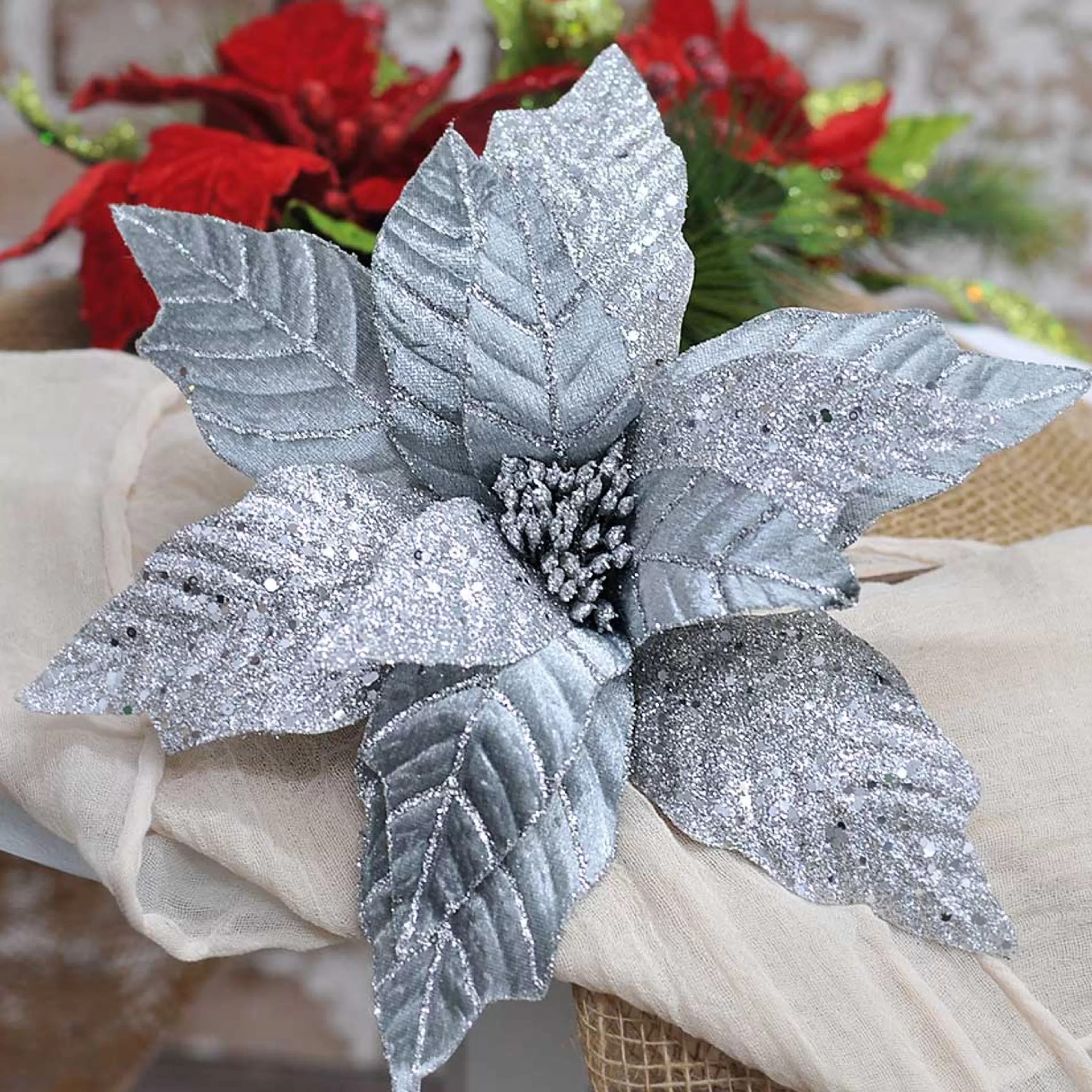 * Floristry | Silver Poinsettia With Glittered Petals - 35Cm