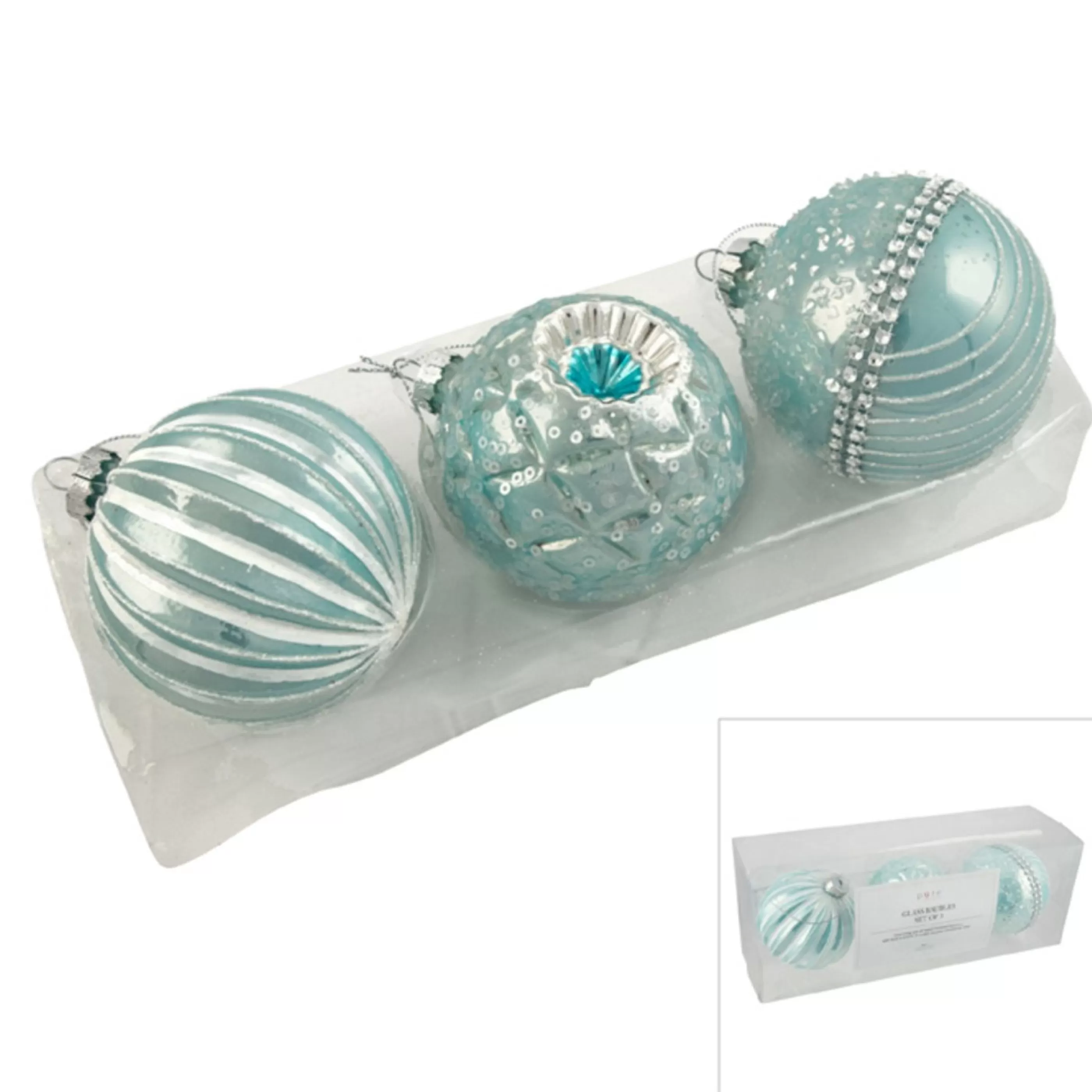 * Hanging Christmas Baubles | Teal Silver Glass Bauble (Set Of 3) - 8Cm