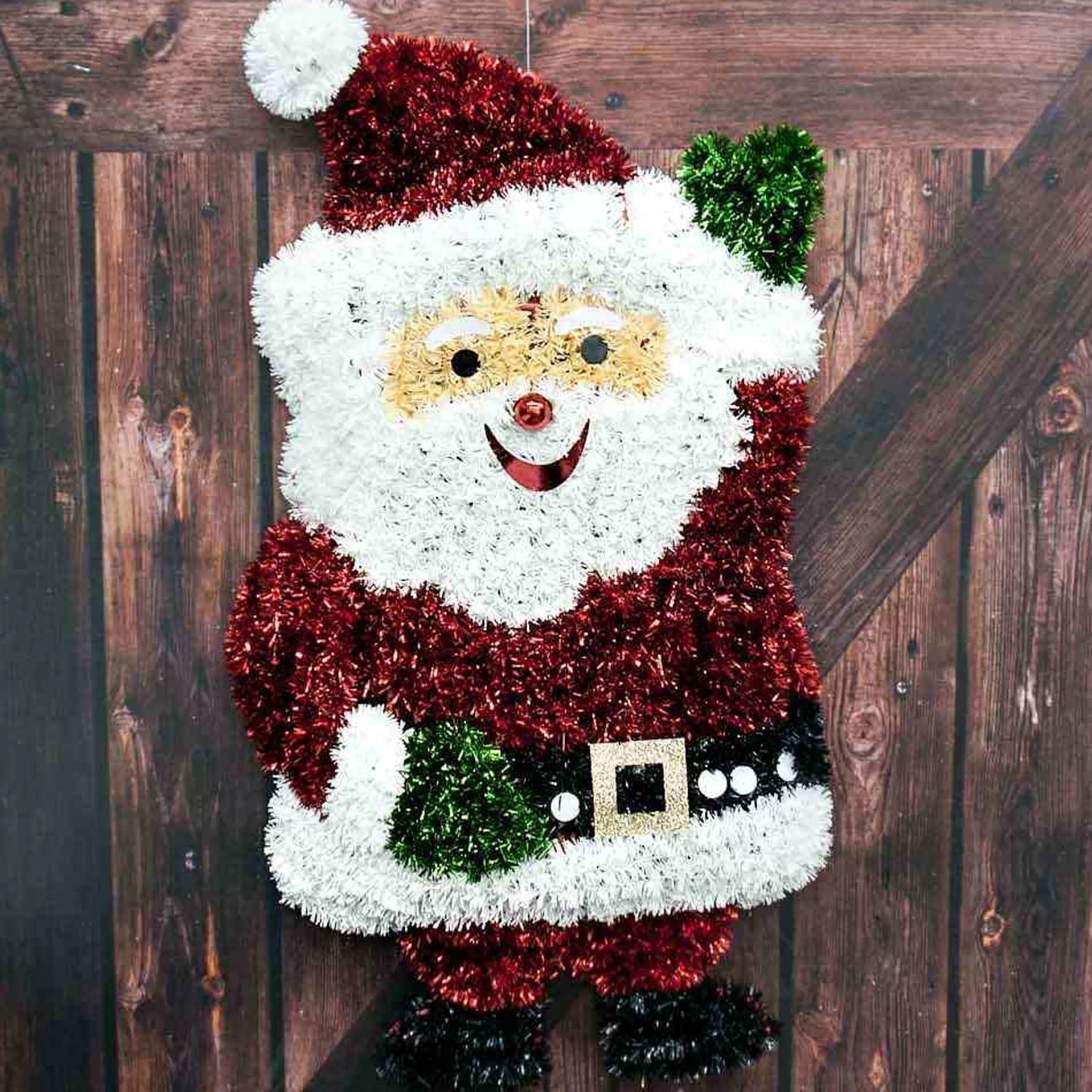 * Christmas Tinsel & Foil Decorations | Waving Tinsel Santa Plaque - 59Cm