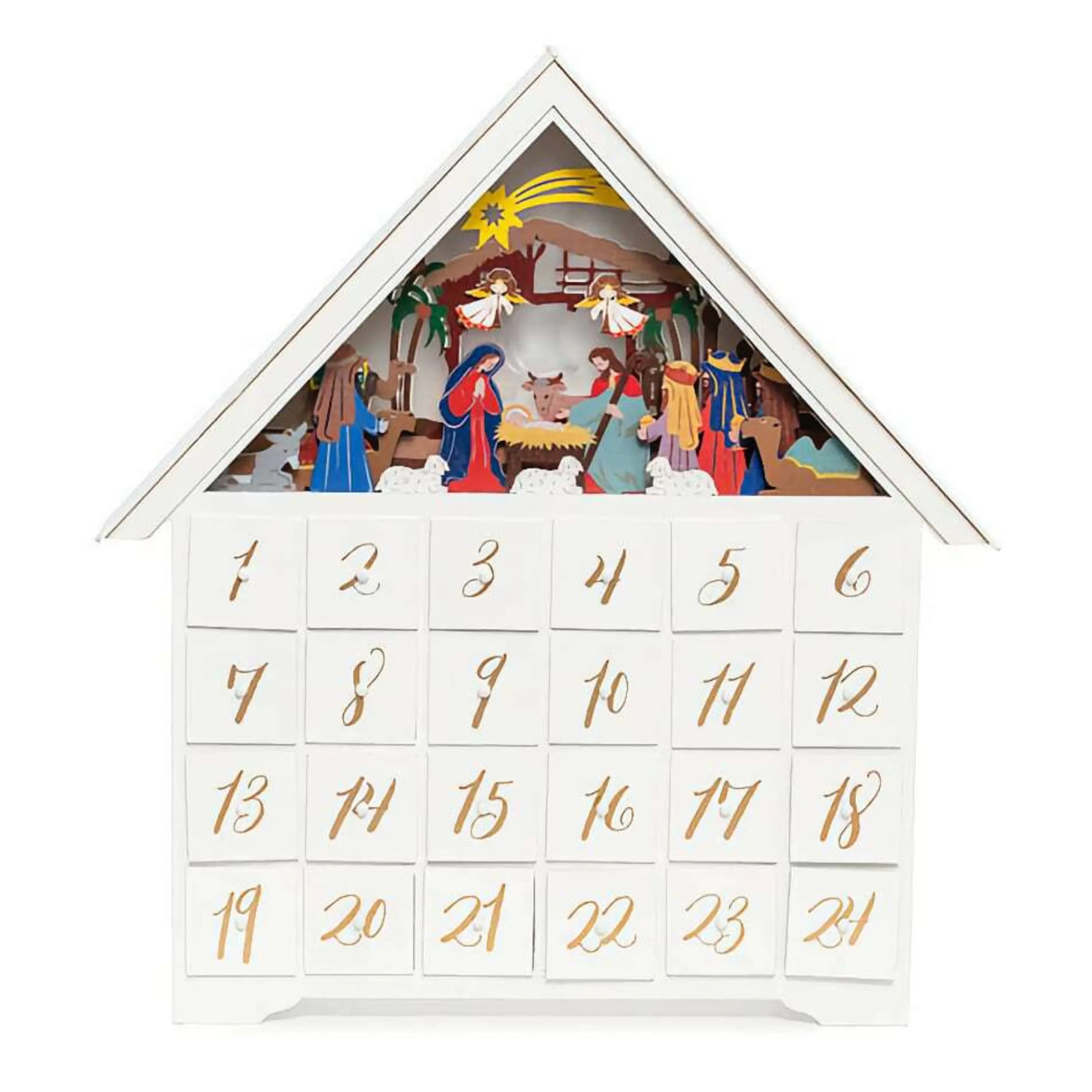 New * White Illuminated Nativity Scene Advent Calendar - 45Cm