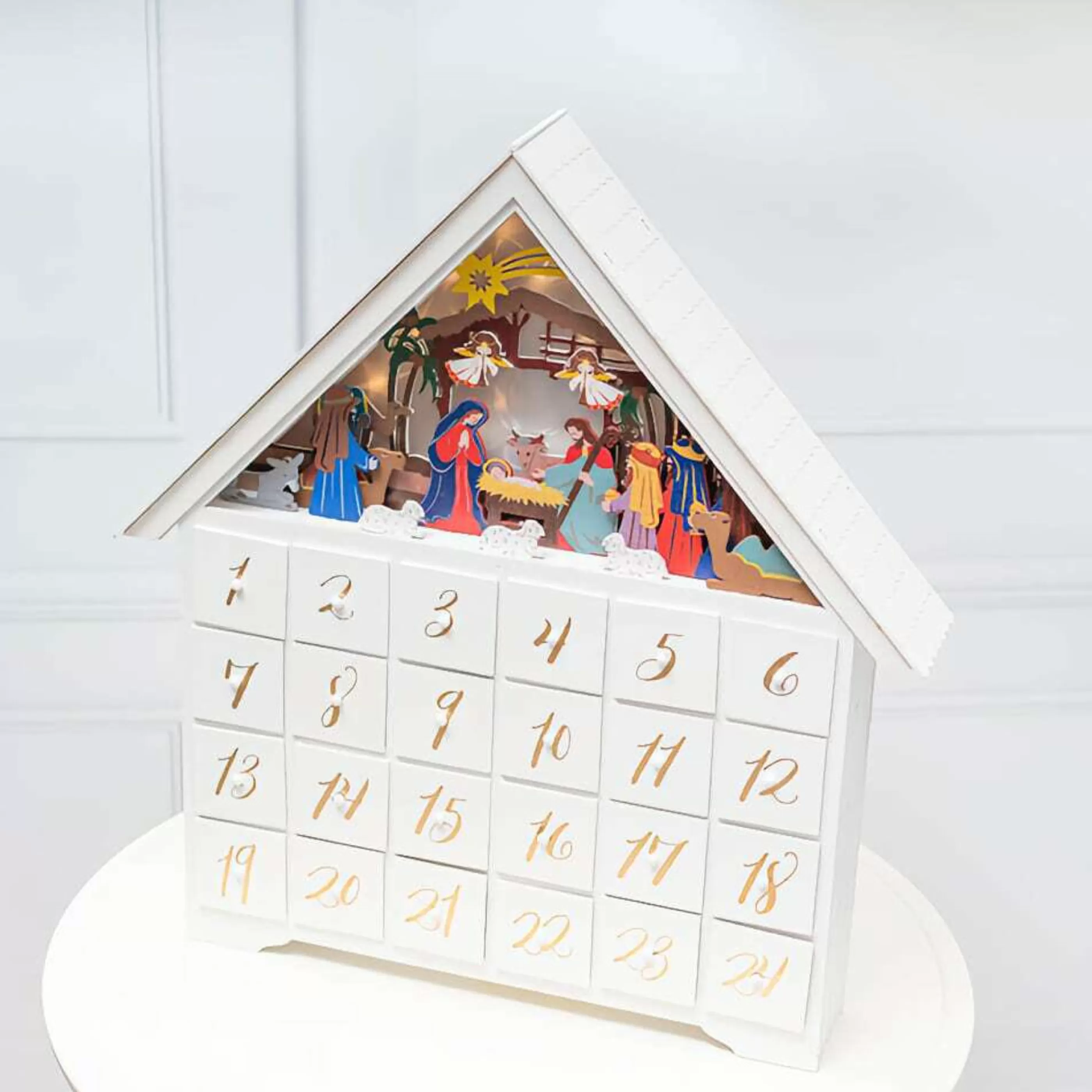 New * White Illuminated Nativity Scene Advent Calendar - 45Cm