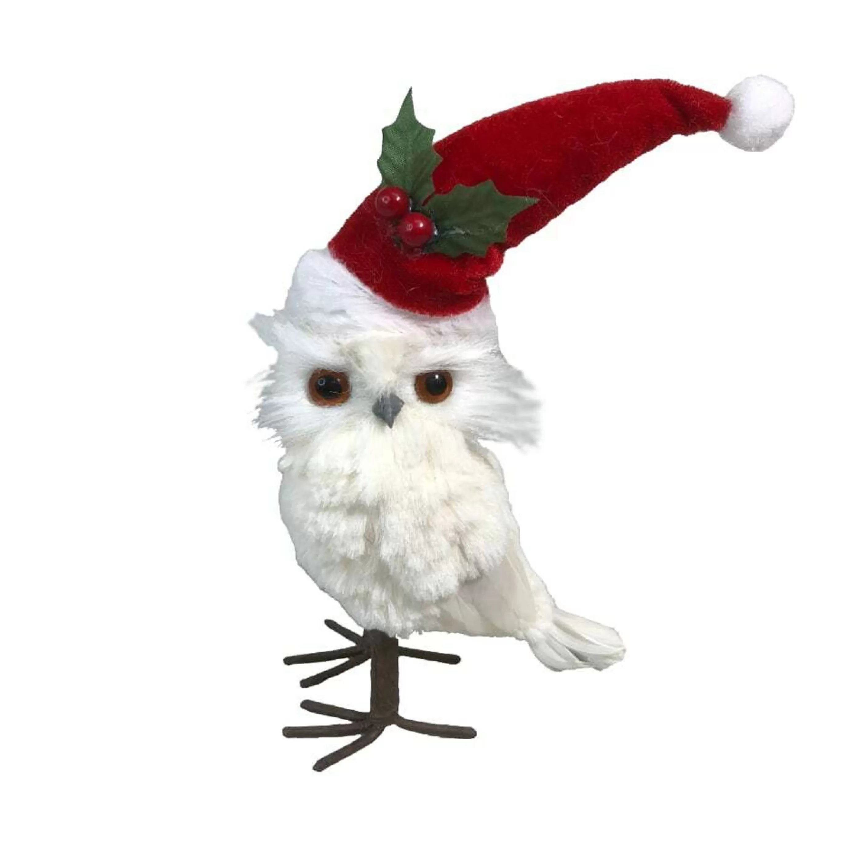 * Birds & Butterflies | White Owl With Christmas Hat - 26Cm