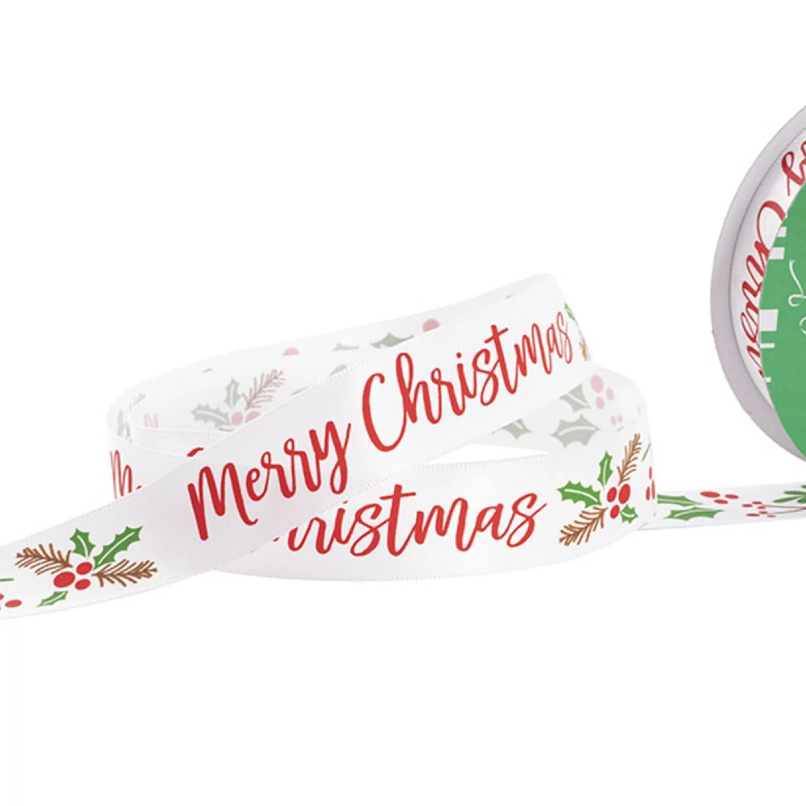 * Christmas Ribbon & Bows | White Satin Merry Christmas Holly Ribbon - 2.5Cm