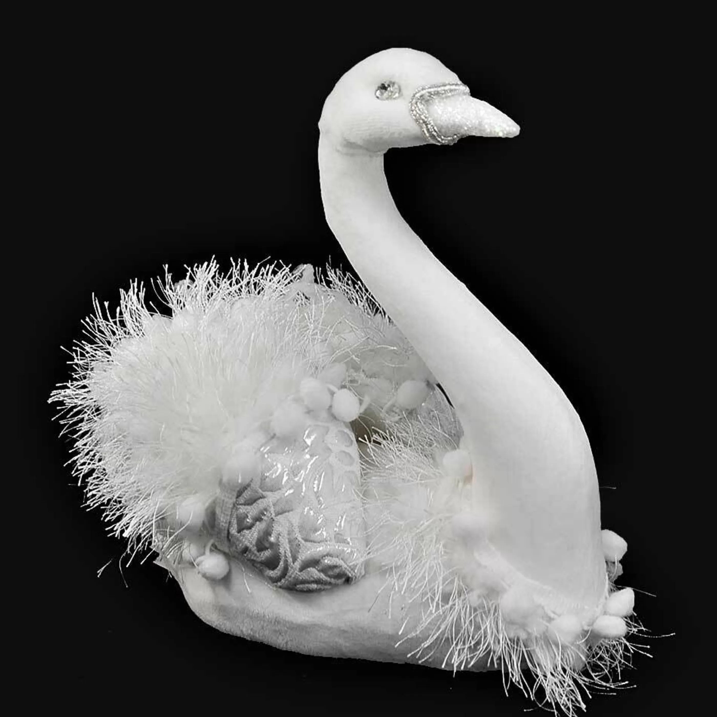 * Hanging Christmas Ornaments | White Velvet Sitting Swan - 25Cm