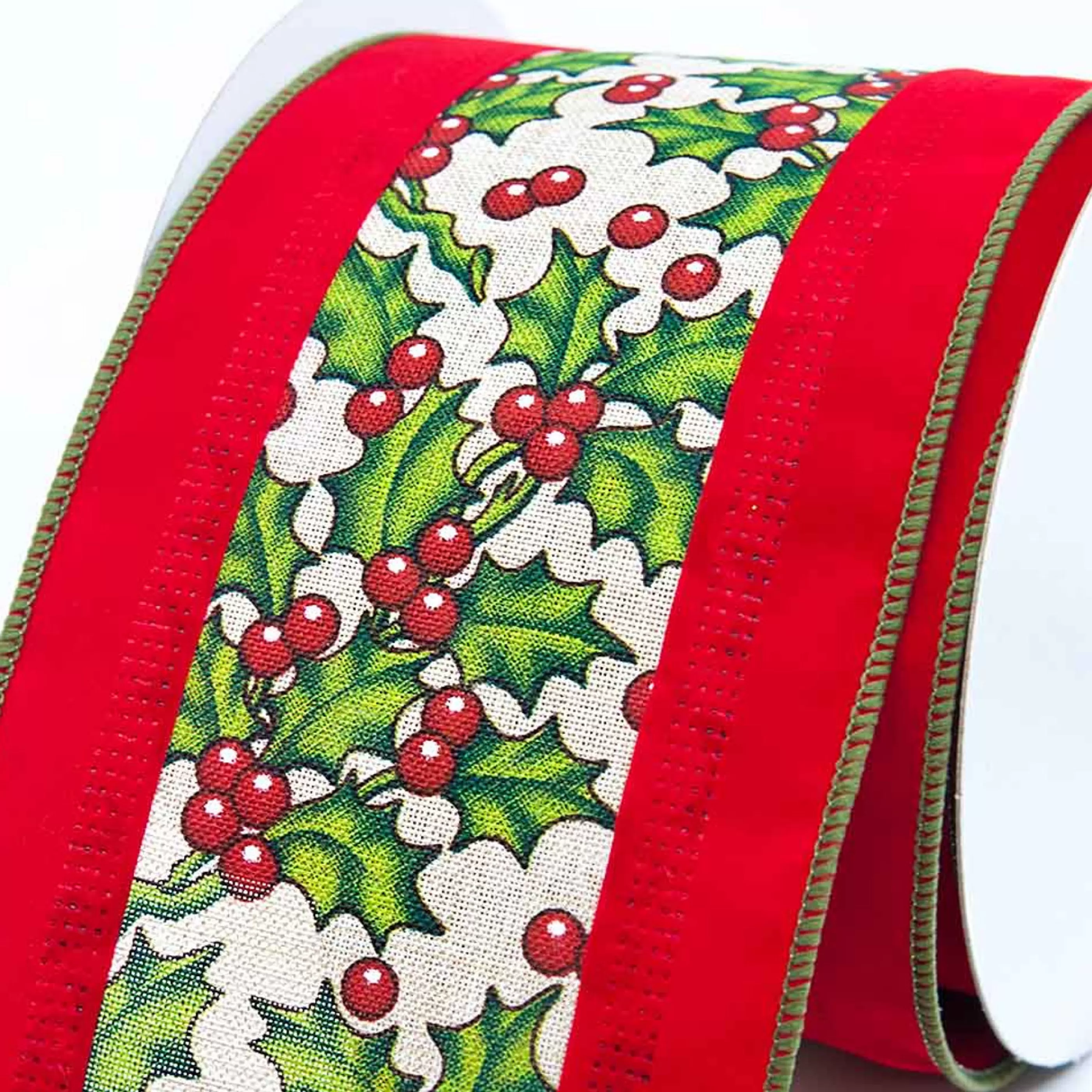 Fashion * Wide Holly Pattern On Red Background Ribbon - 10M