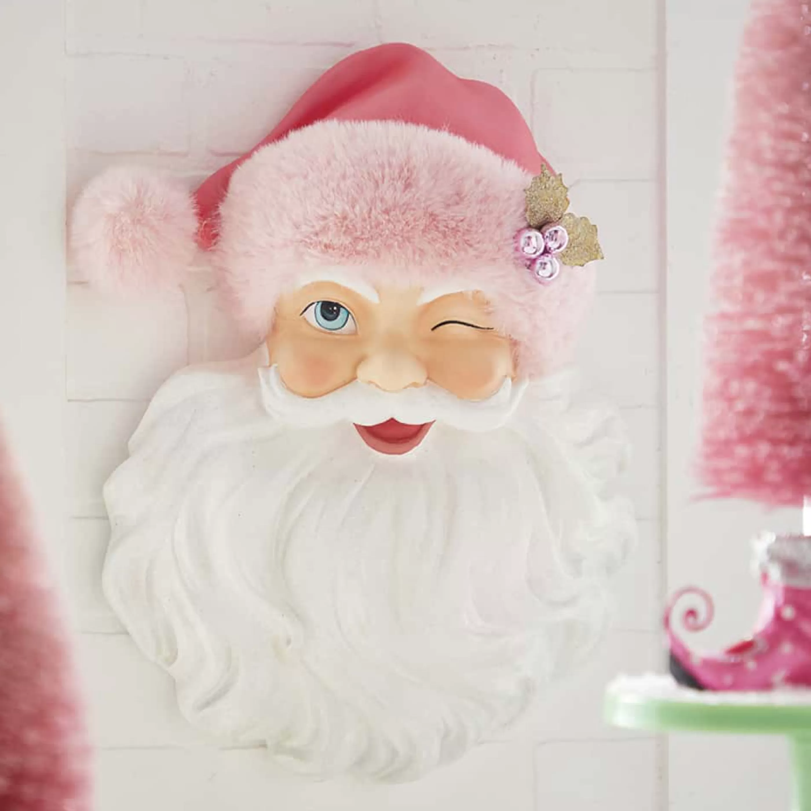 RAZ Imports Wall Signs & Decorations | Winking Santa Face With Pink Hat Wall Art - 43Cm