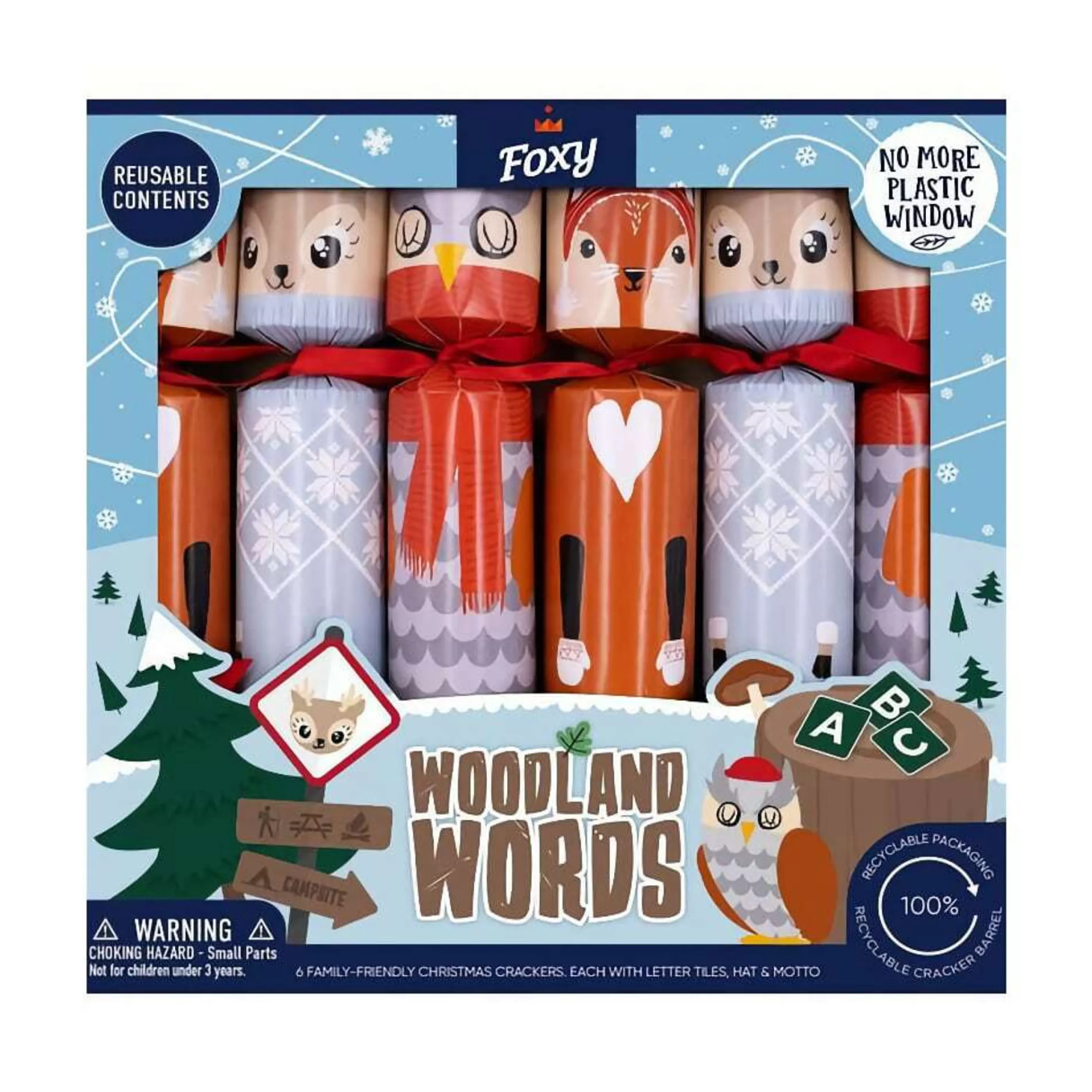 New * Woodland Words Tray Of 6 Christmas Crackers - 30.5Cm